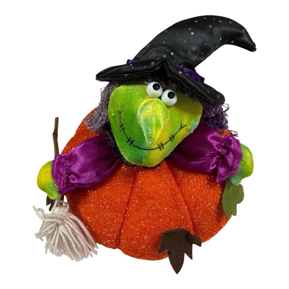 Animated Cackling Plush Witch On Pumpkin Halloween Tabletop Decorations 9.5”